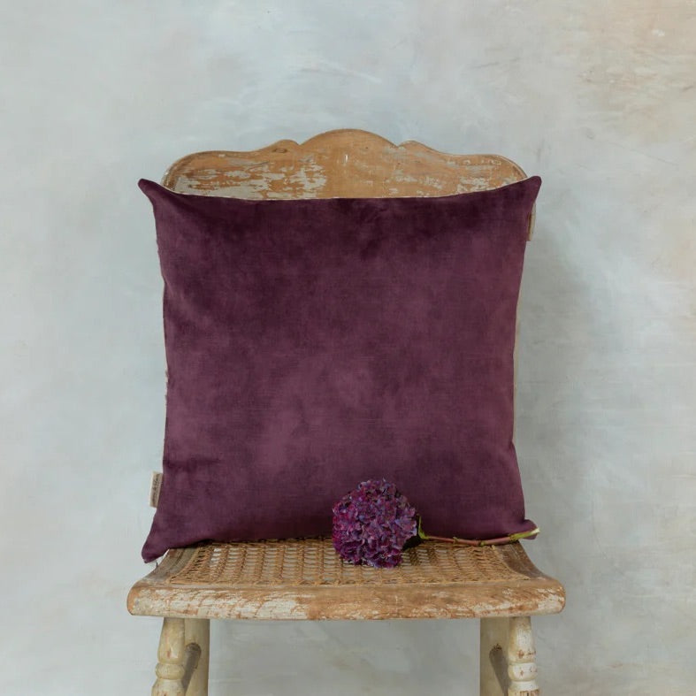 Aubergine Leaf Print Linen & Velvet Square Cushion
