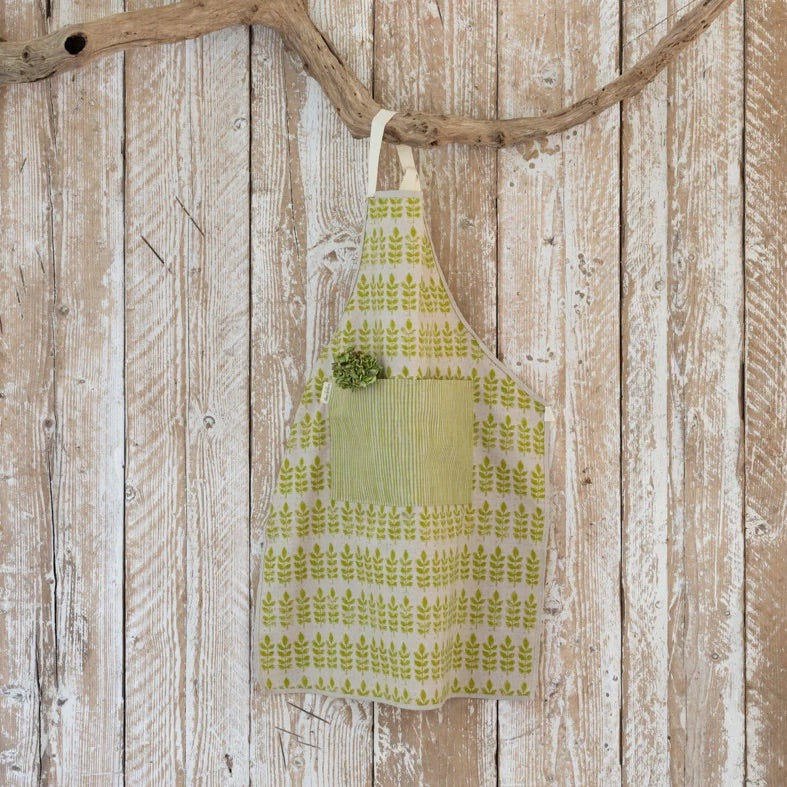 Green Leaf Apron with Striped Pocket