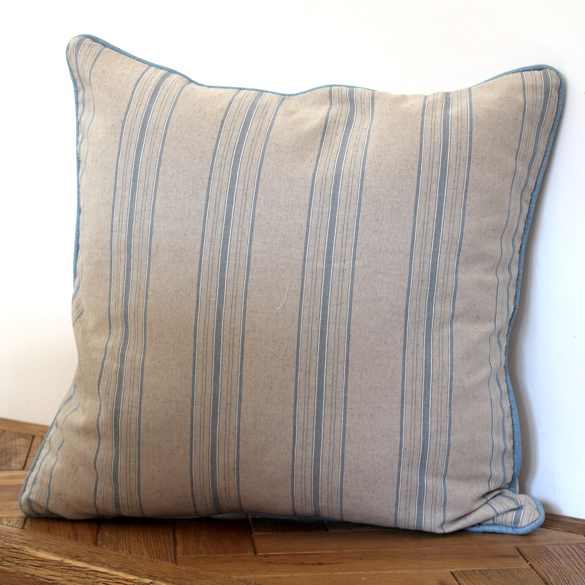 Blue Striped Piped Linen Cushion