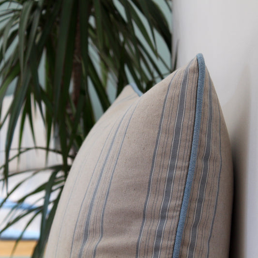 Blue Striped Piped Linen Cushion