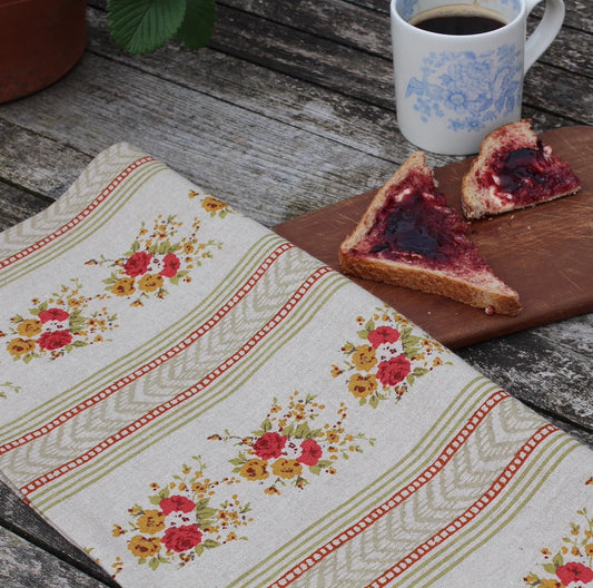 Rustic Red Country Rose Print Tea Towel