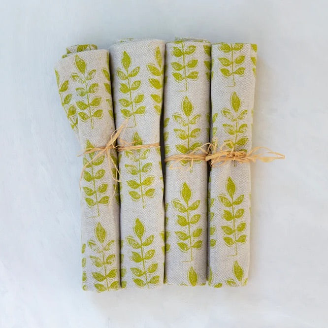 Green Leaf Linen Napkins - Set of 4