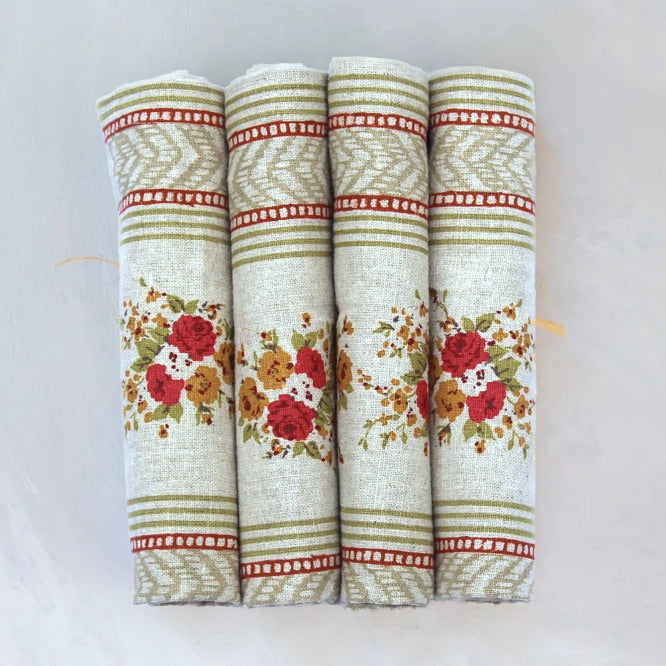 Red English Country Rose Linen Napkins - Set of 4