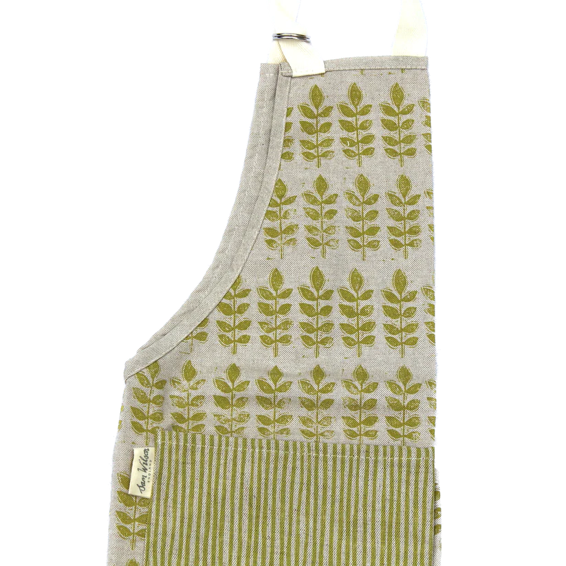 Green Leaf Apron with Striped Pocket