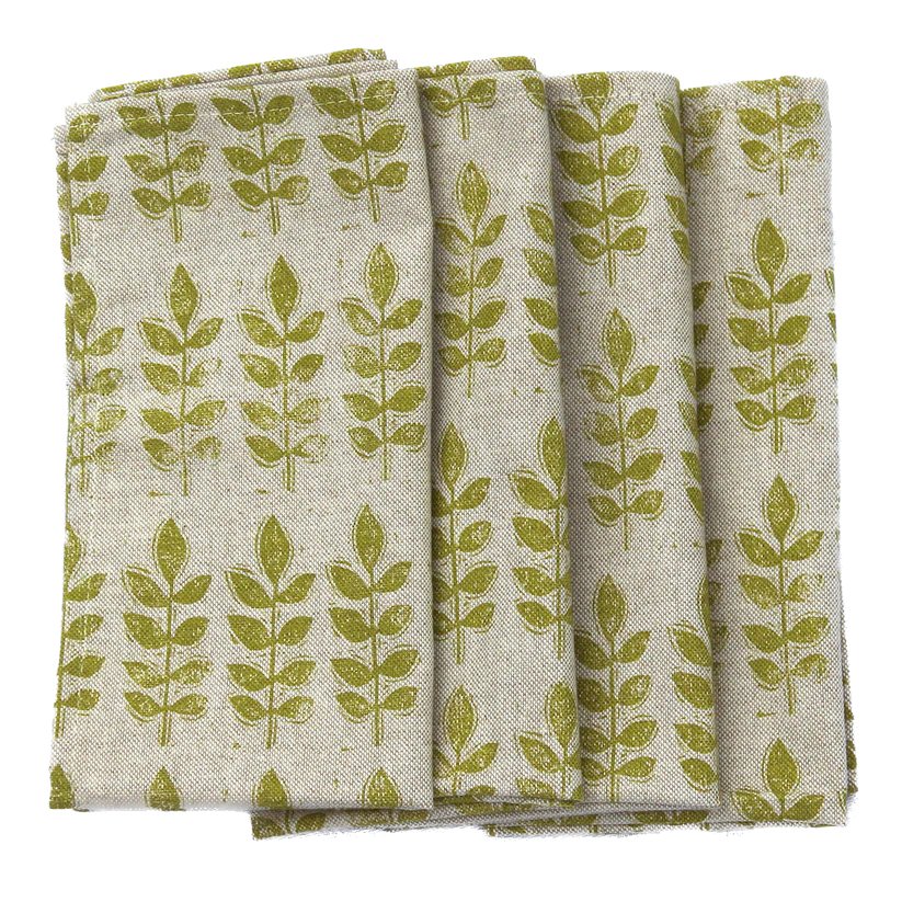 Green Leaf Linen Napkins - Set of 4
