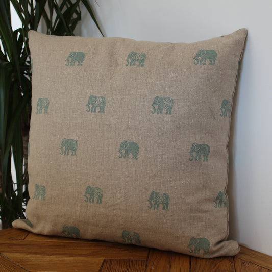 Elephant Print Square Linen Cushion
