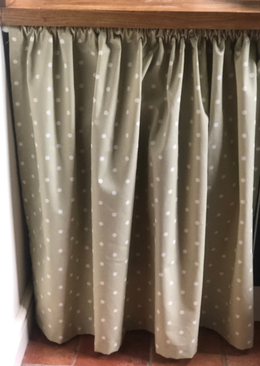 Gathered Dotty Sage Green Cupboard Curtain.