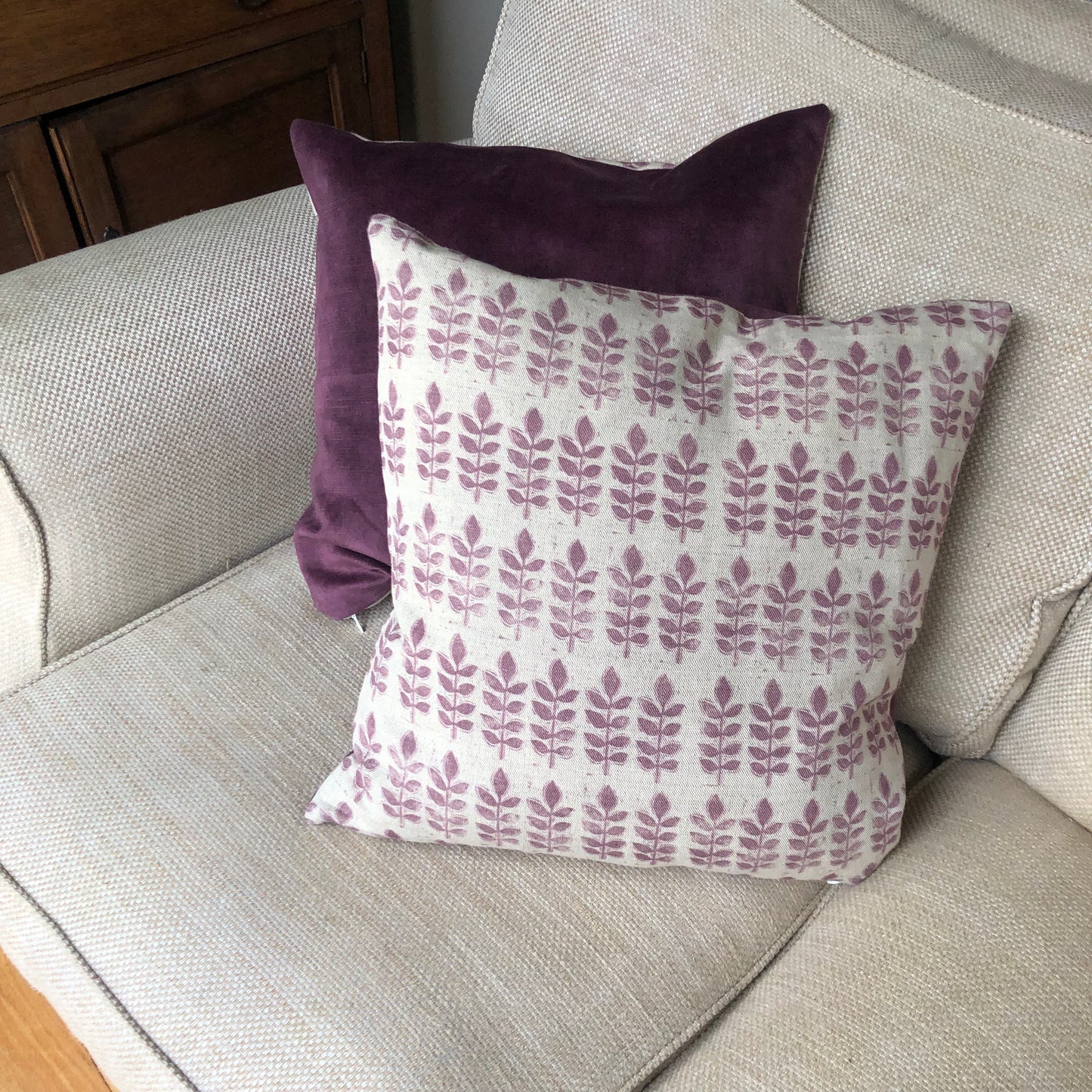 Aubergine Leaf Print Linen & Velvet Square Cushion