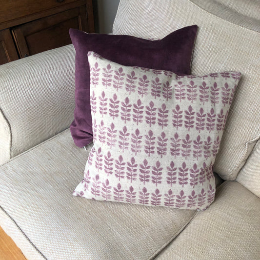 Aubergine Leaf Print Linen & Velvet Square Cushion
