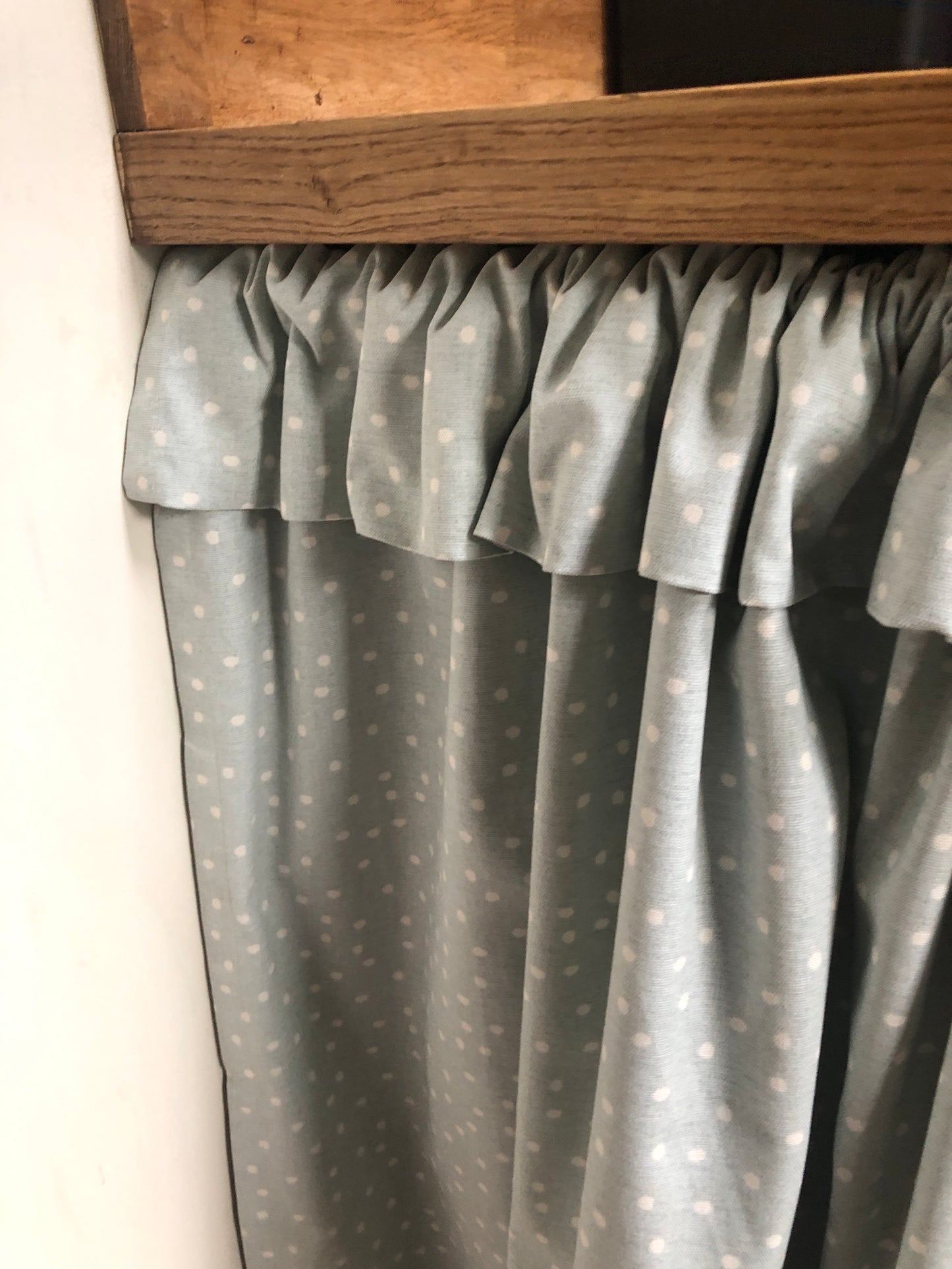 Duck Egg Dotty Hideaway Cupboard Curtain with Flop Over Frill.