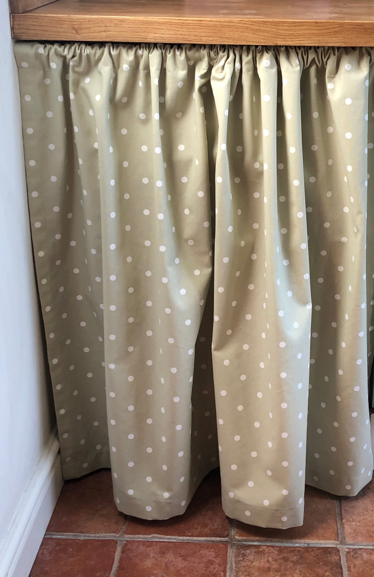Gathered Dotty Sage Green Cupboard Curtain.