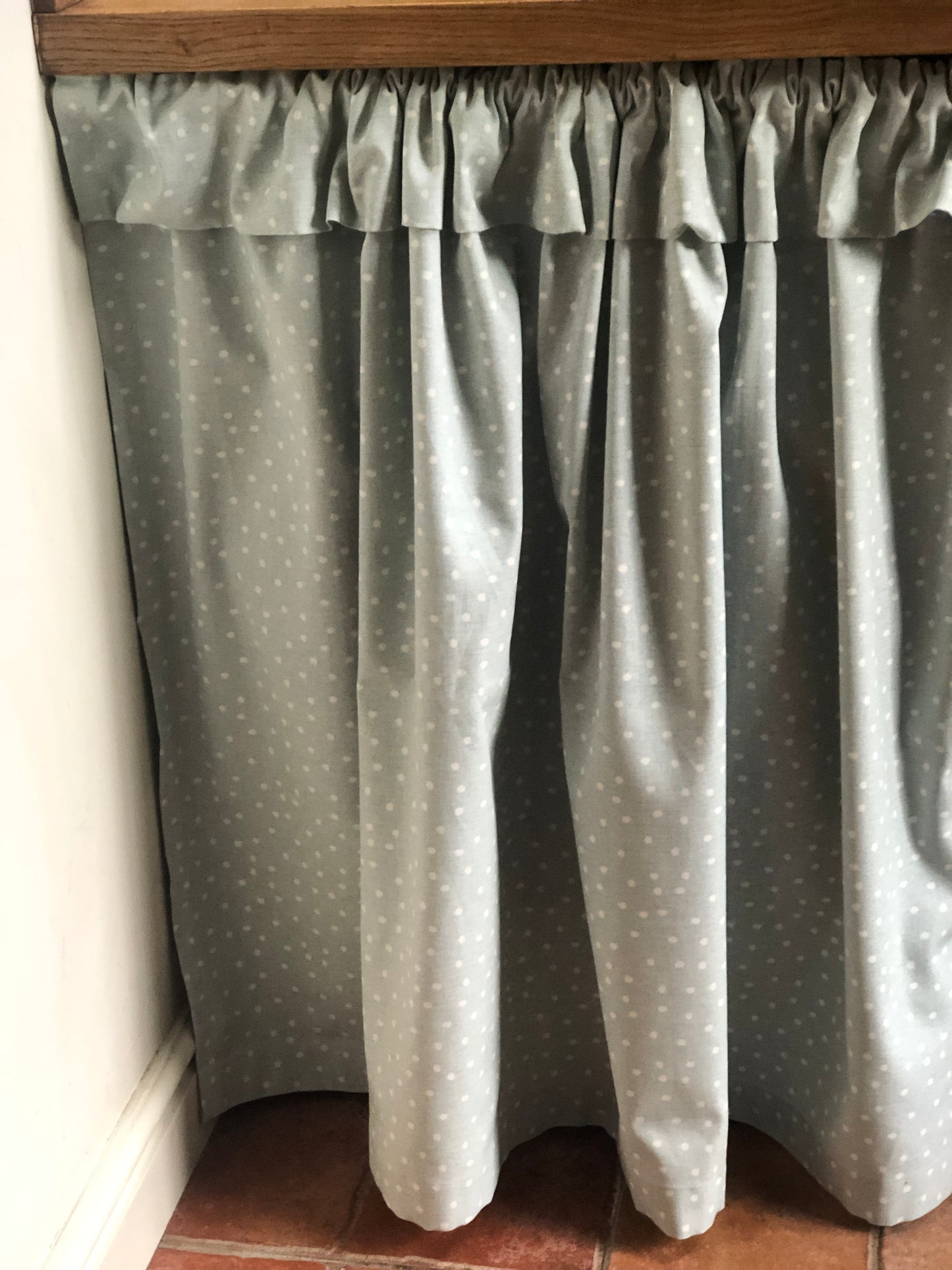 Duck Egg Dotty Hideaway Cupboard Curtain with Flop Over Frill.