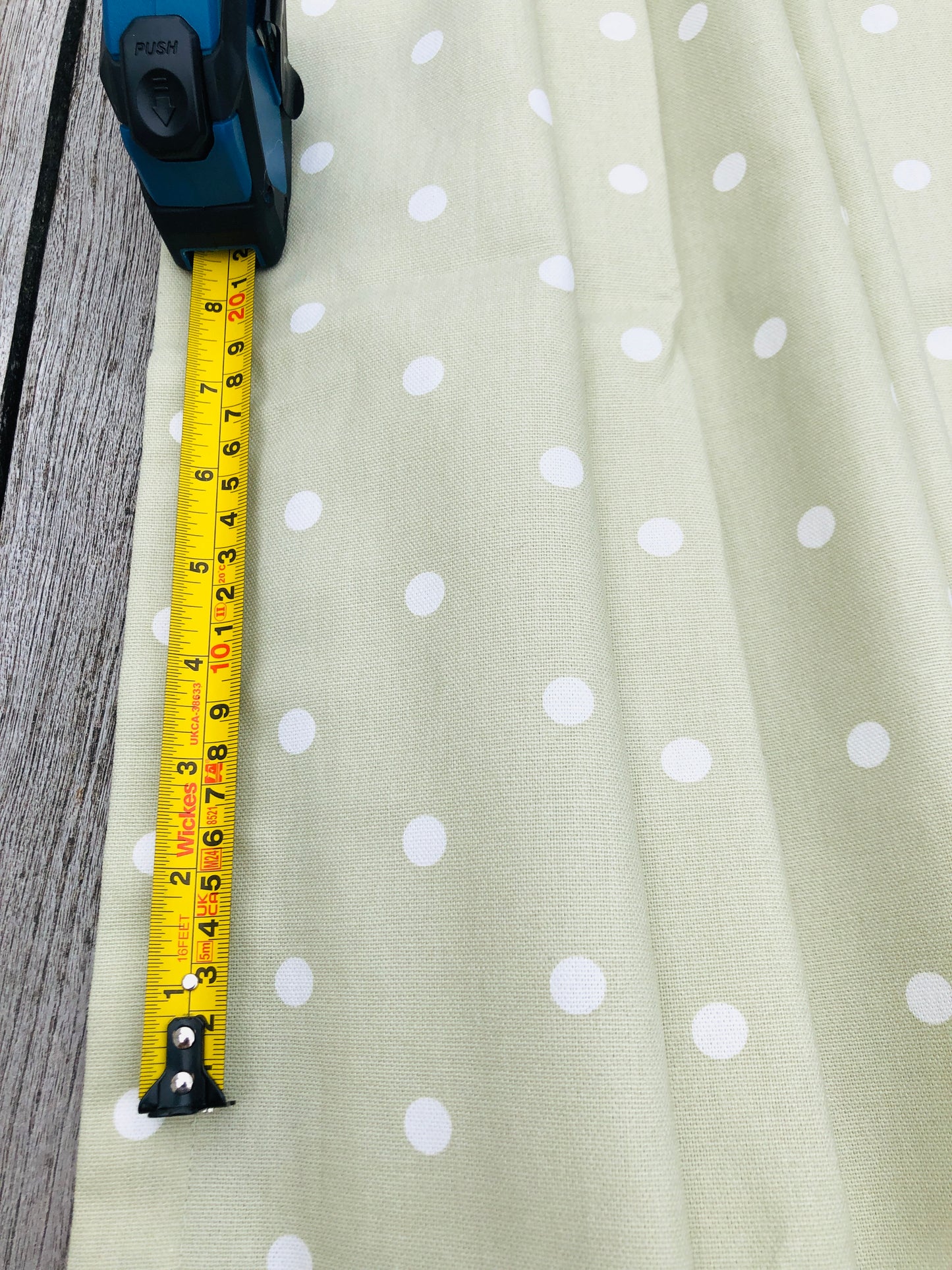 Gathered Dotty Sage Green Cupboard Curtain.