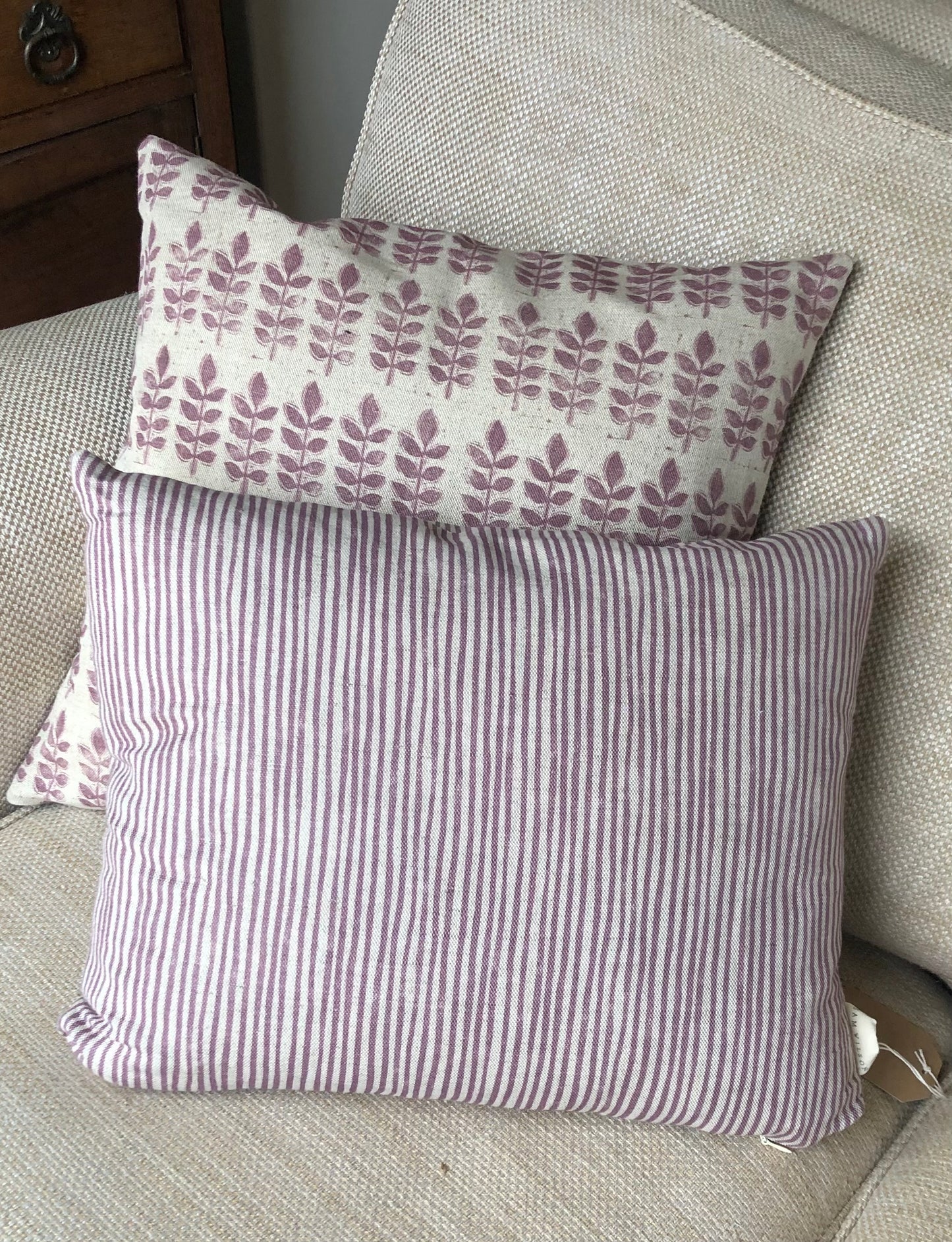 Aubergine Leaf Print Linen & Velvet Square Cushion