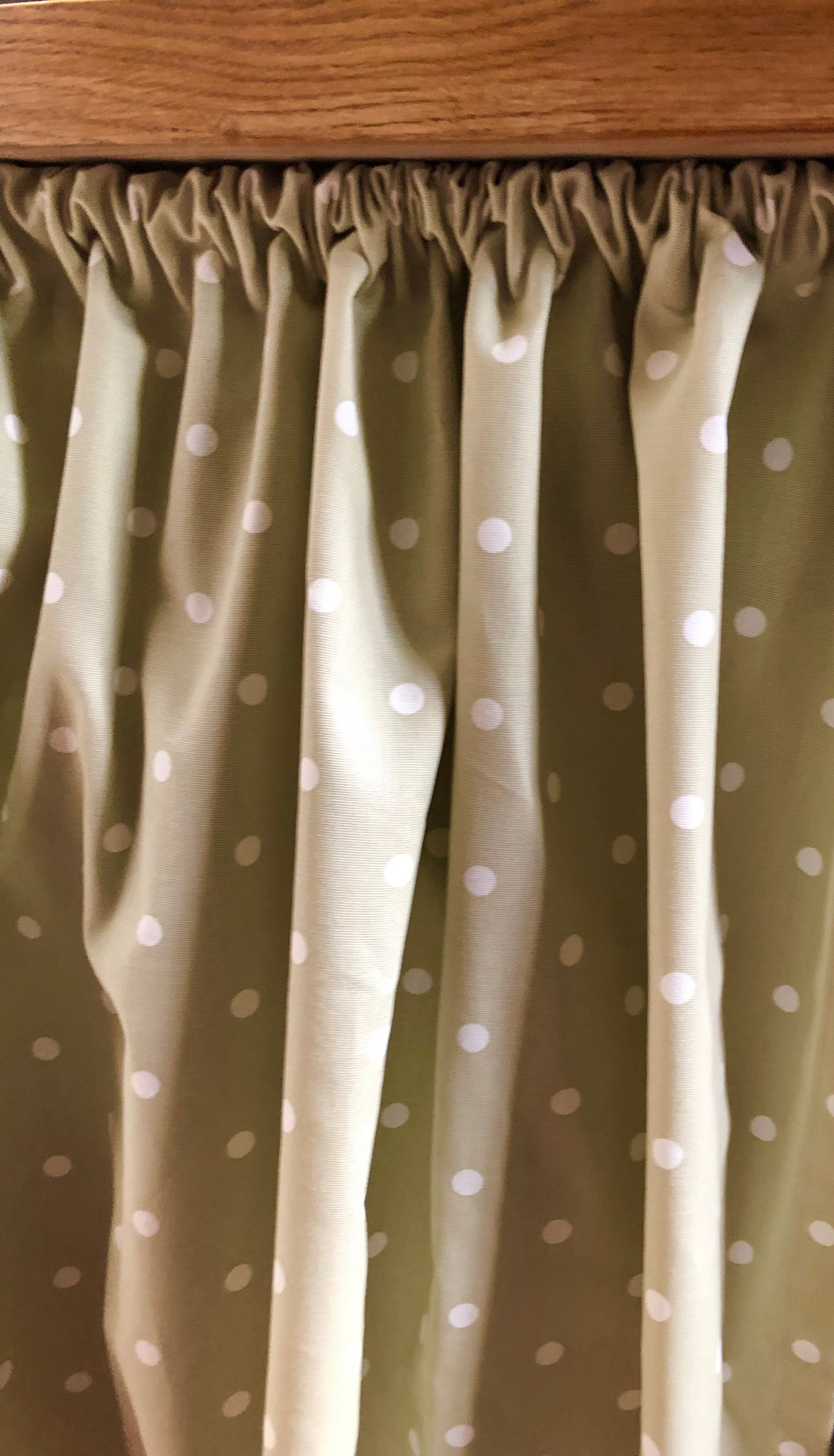 Gathered Dotty Sage Green Cupboard Curtain.