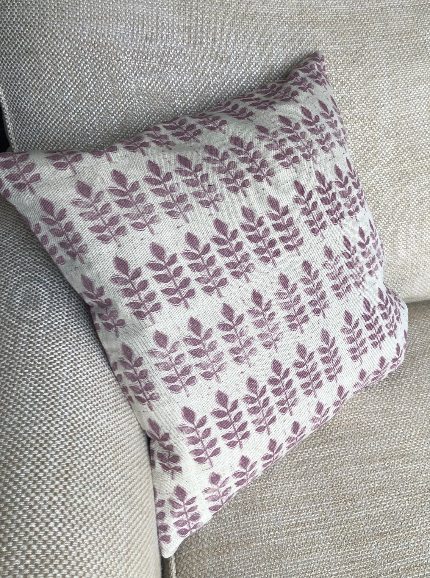 Aubergine Leaf Print Linen & Velvet Square Cushion