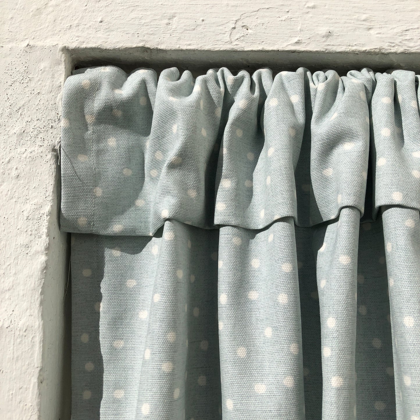 Duck Egg Dotty Hideaway Cupboard Curtain with Flop Over Frill.