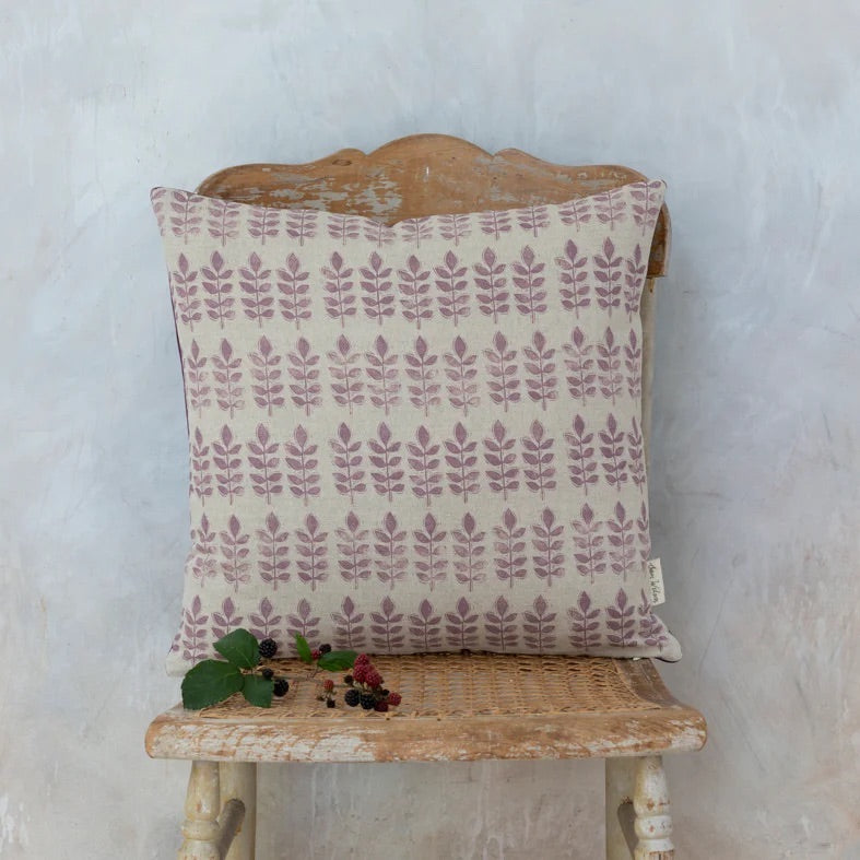 Aubergine Leaf Print Linen & Velvet Square Cushion