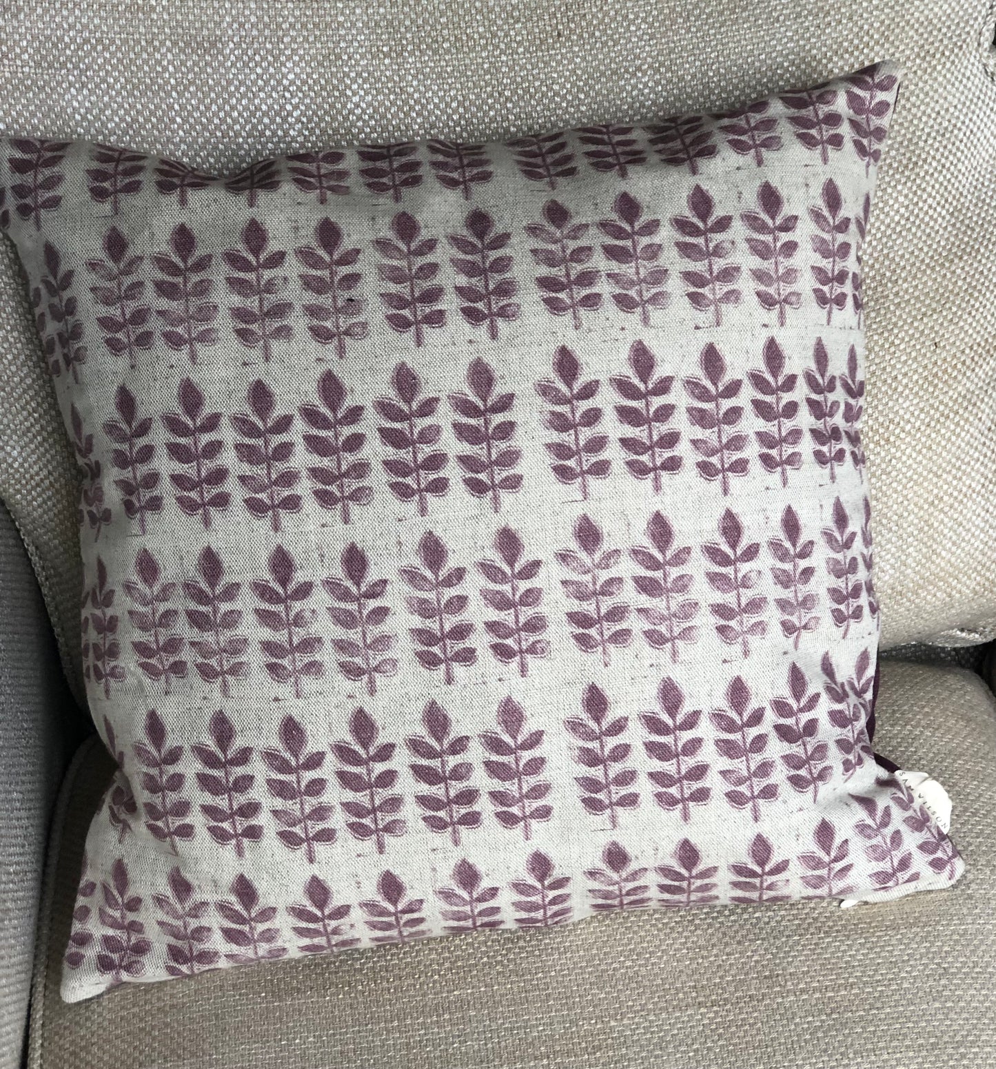 Aubergine Leaf Print Linen & Velvet Square Cushion
