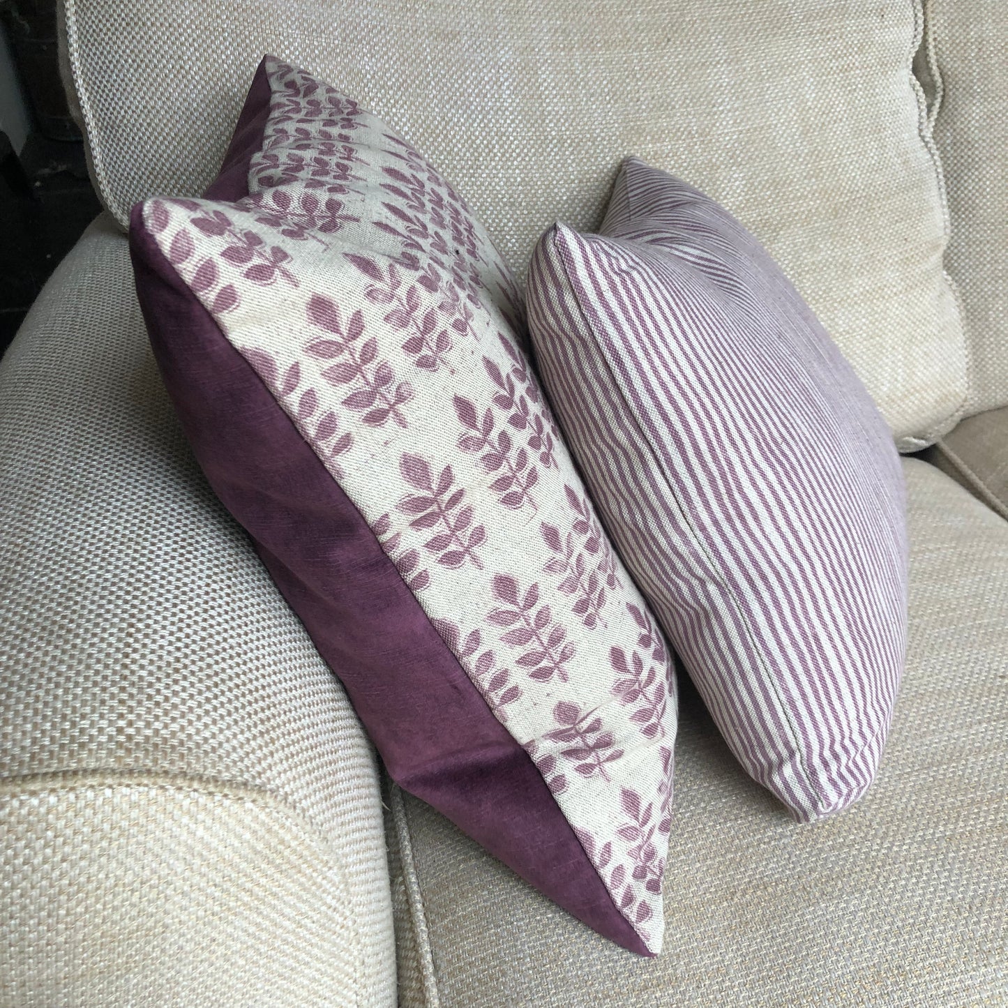 Aubergine Leaf Print Linen & Velvet Square Cushion