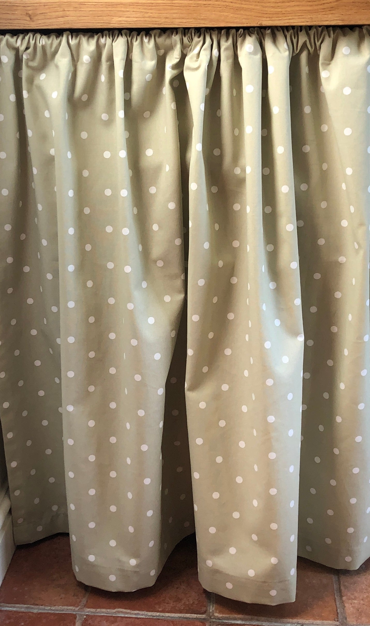 Gathered Dotty Sage Green Cupboard Curtain.