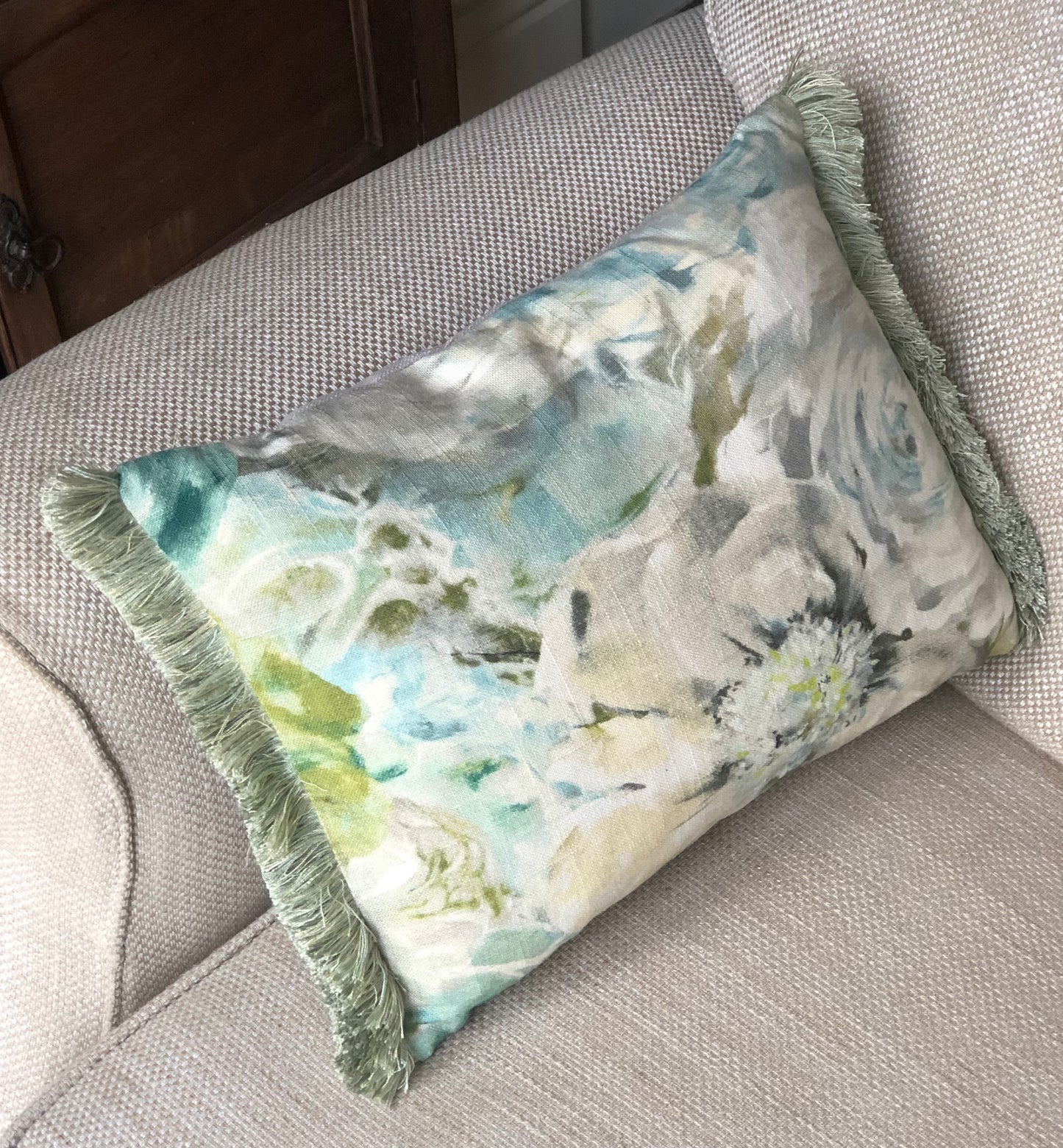 Green Fringe Floral Linen Cushion