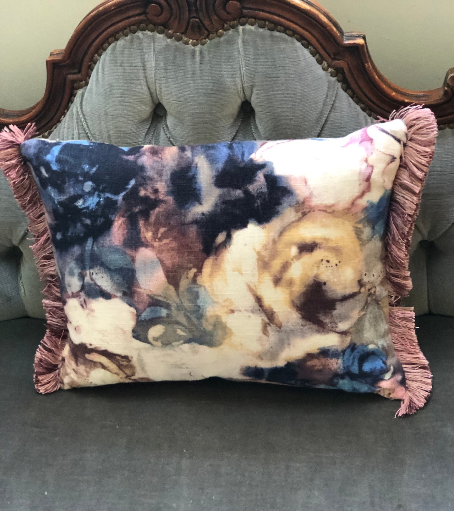 Fringed Indigo Floral Cushion.