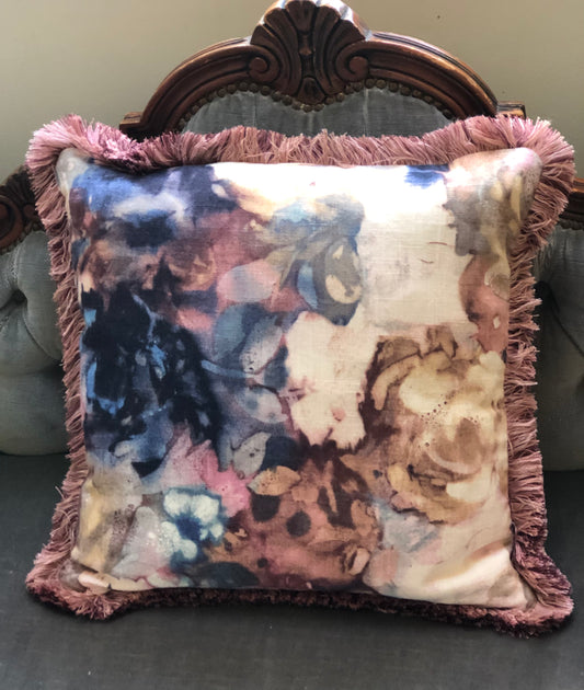 Fringed Indigo Floral Cushion.