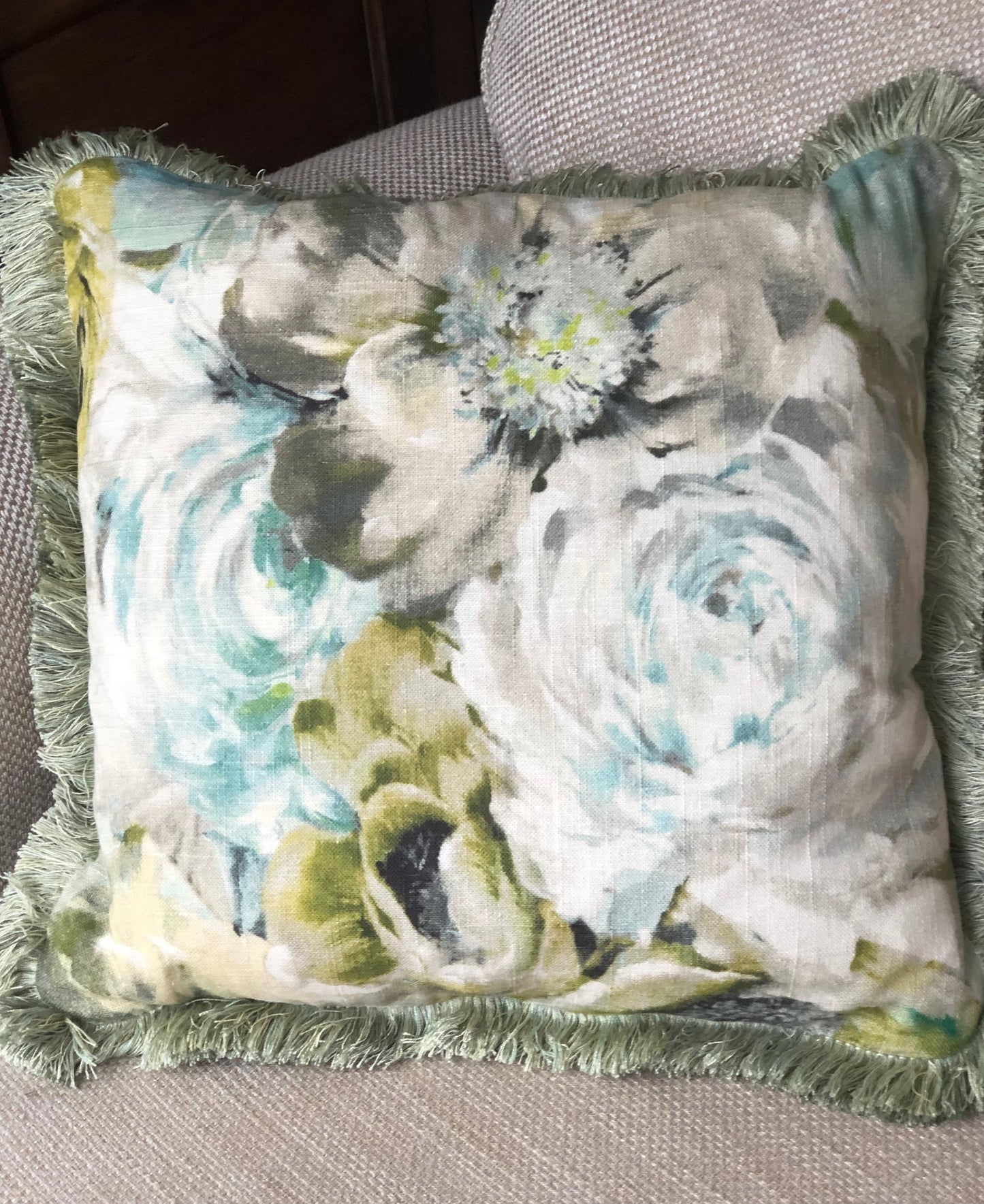 Green Fringe Floral Linen Cushion