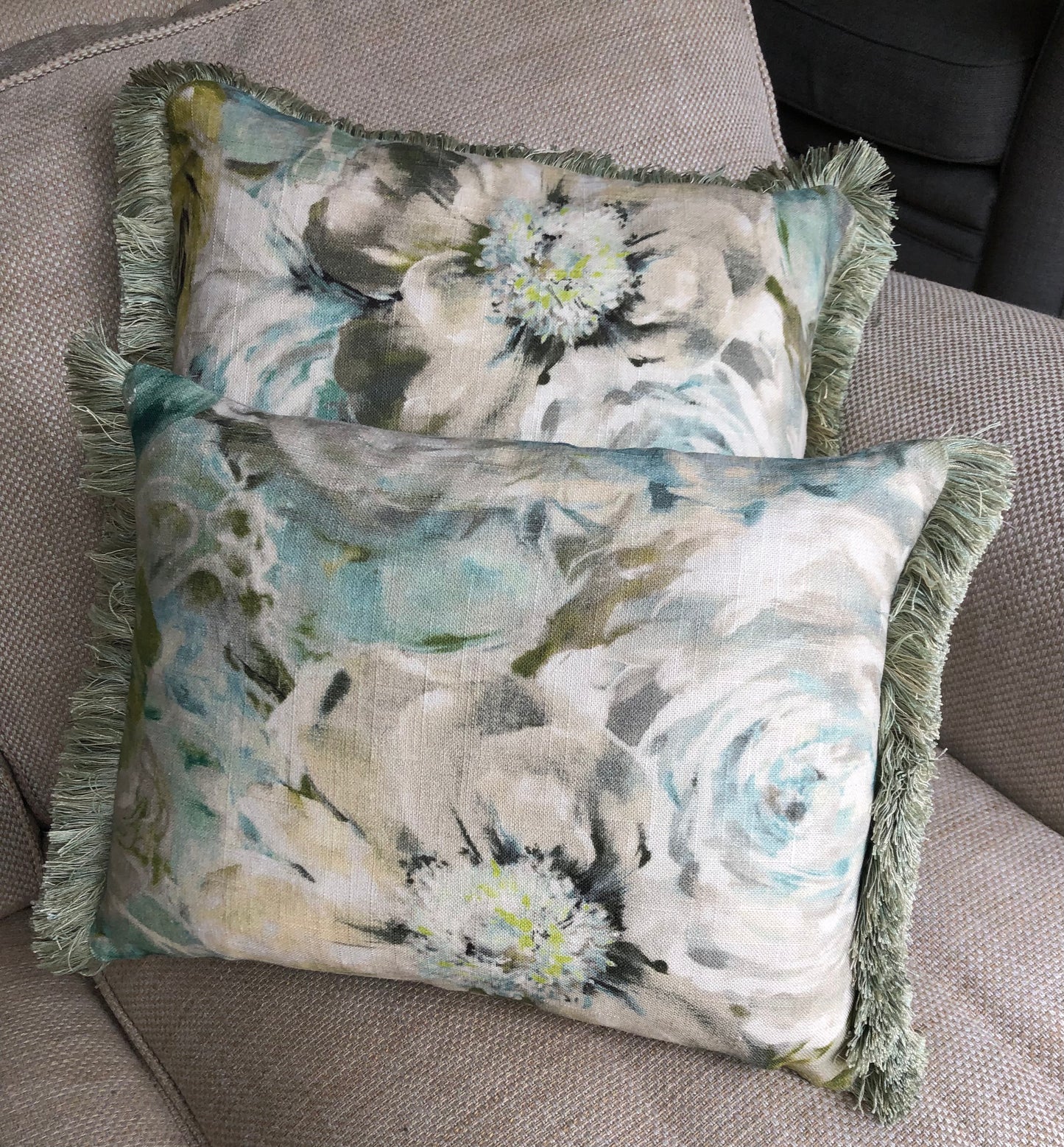 Green Fringe Floral Linen Cushion