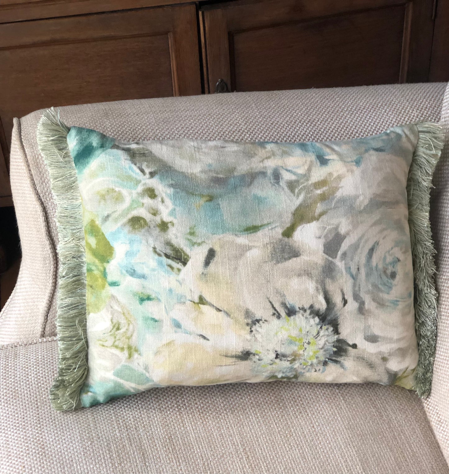 Green Fringe Floral Linen Cushion