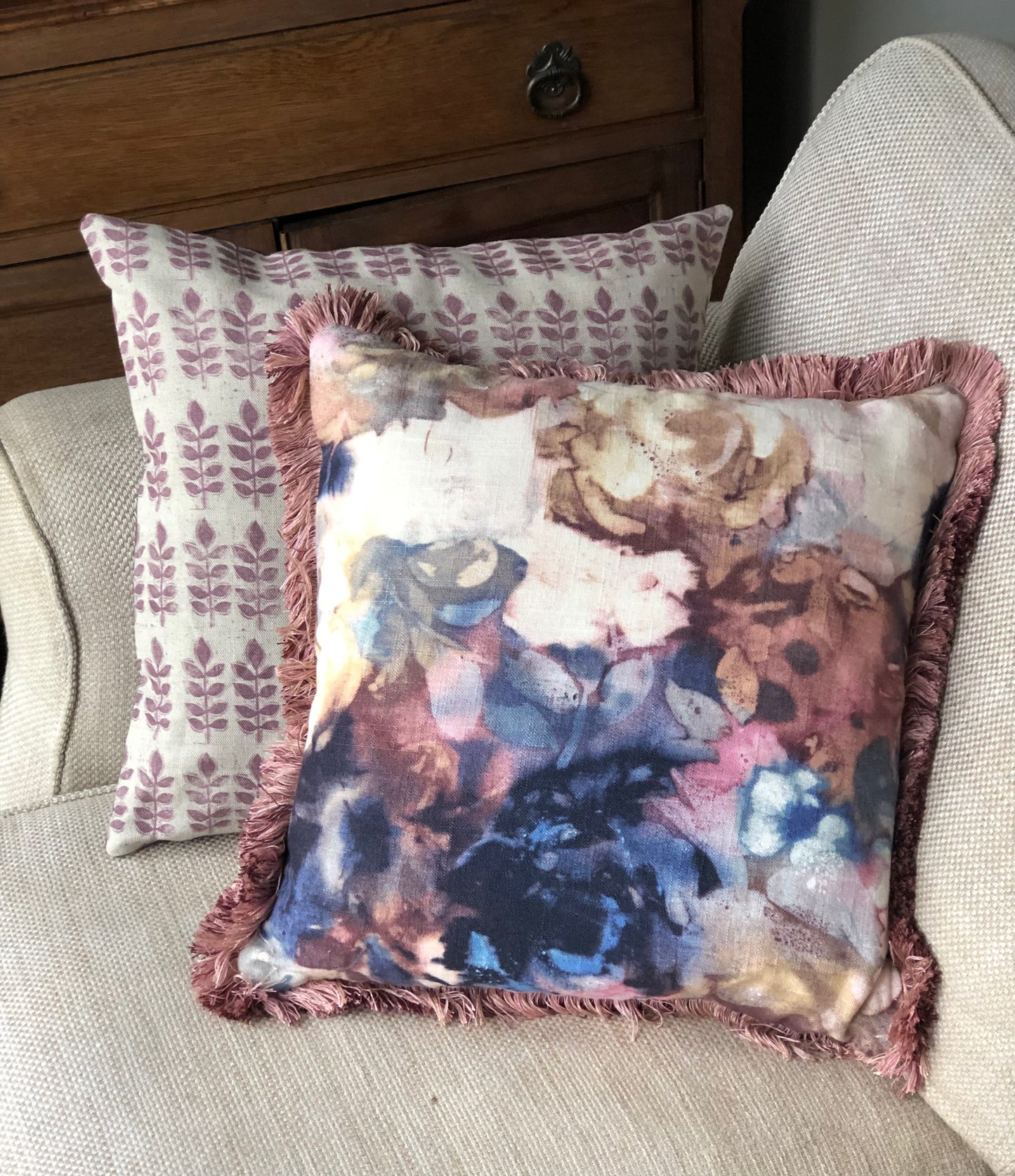 Aubergine Leaf Print Linen & Velvet Square Cushion