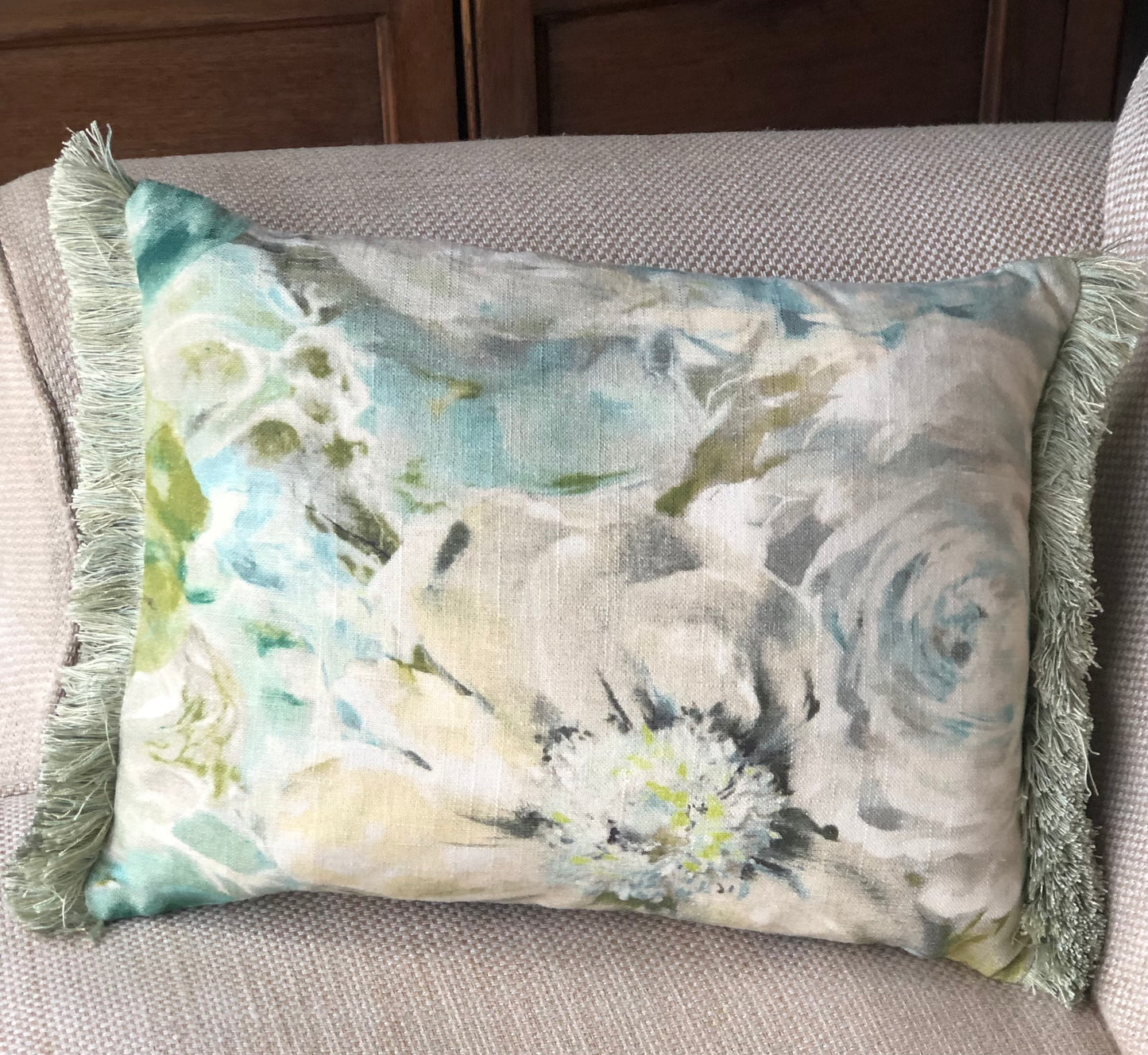 Green Fringe Floral Linen Cushion