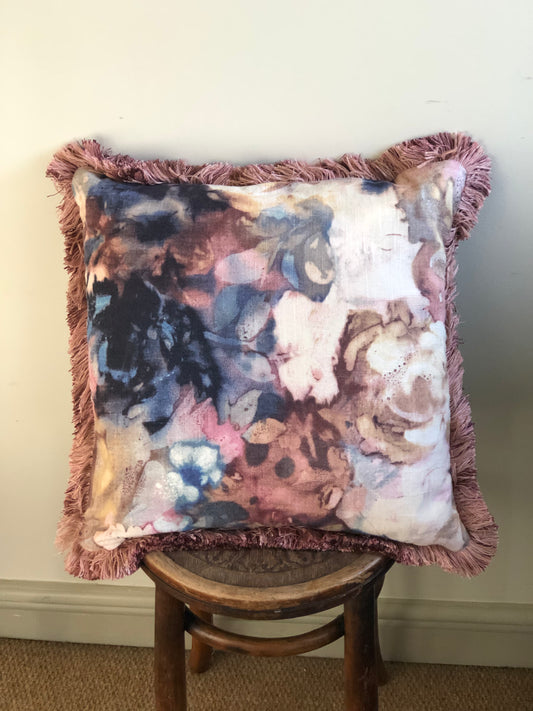 Fringed Indigo Floral Cushion.