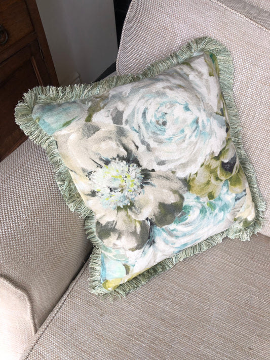 Green Fringe Floral Linen Cushion