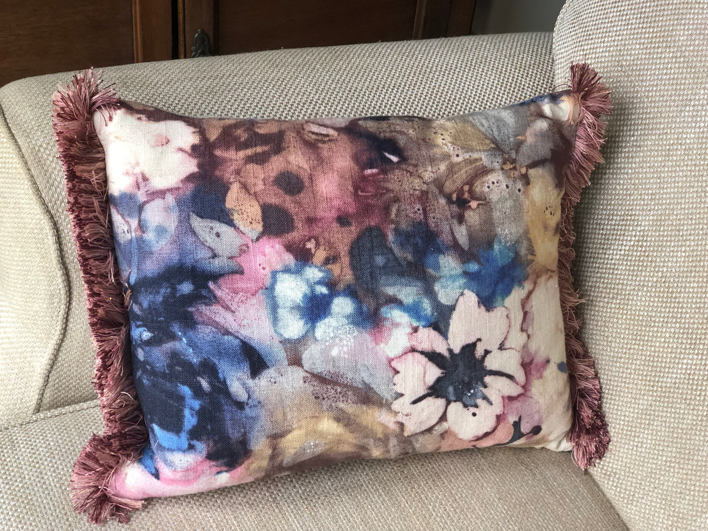 Fringed Indigo Floral Cushion.