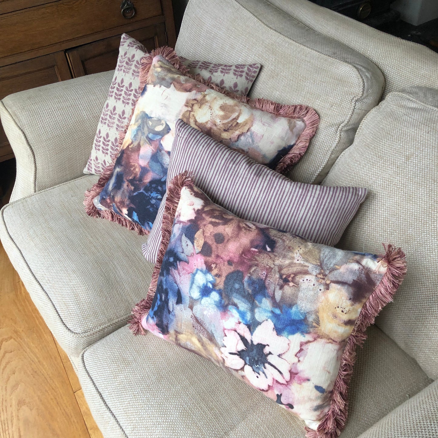 Fringed Indigo Floral Cushion.