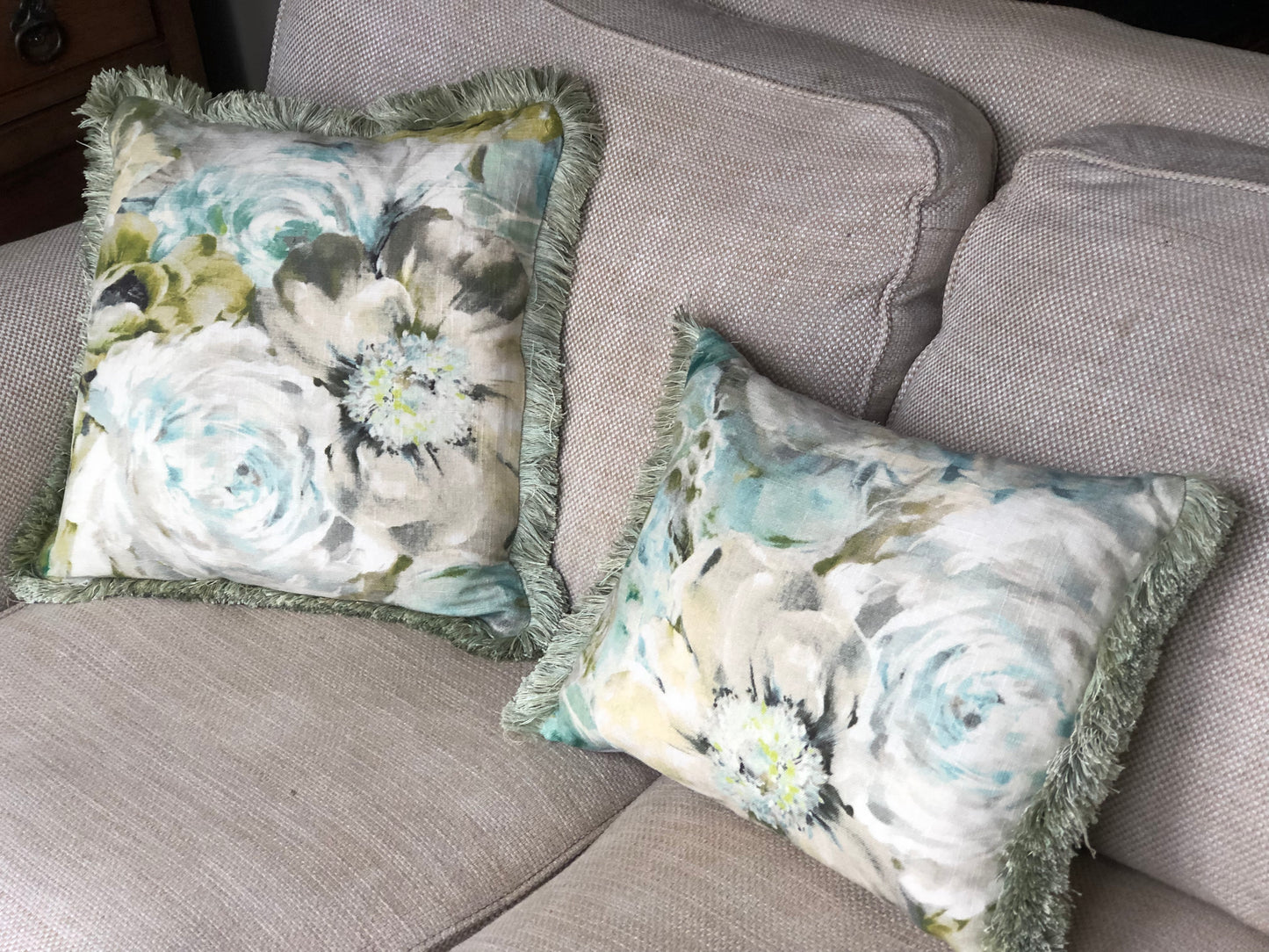 Green Fringe Floral Linen Cushion
