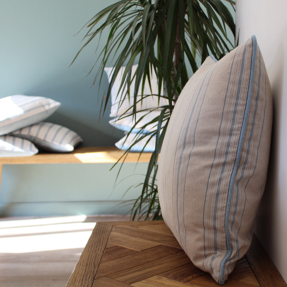 Blue Striped Piped Linen Cushion