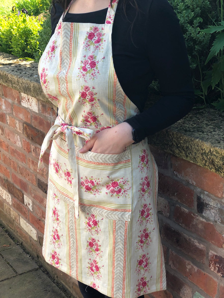 Pink English Country Rose Linen Apron.